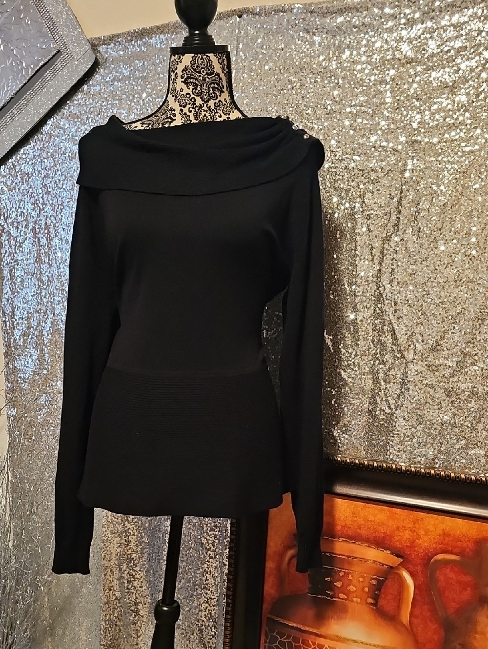 Black Long-Sleeve Women's Sweater - Classic Boat Neck By CATO Large (14) Stretch